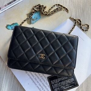 Chanel Caviar Classic Wallet On Chain Black Gold